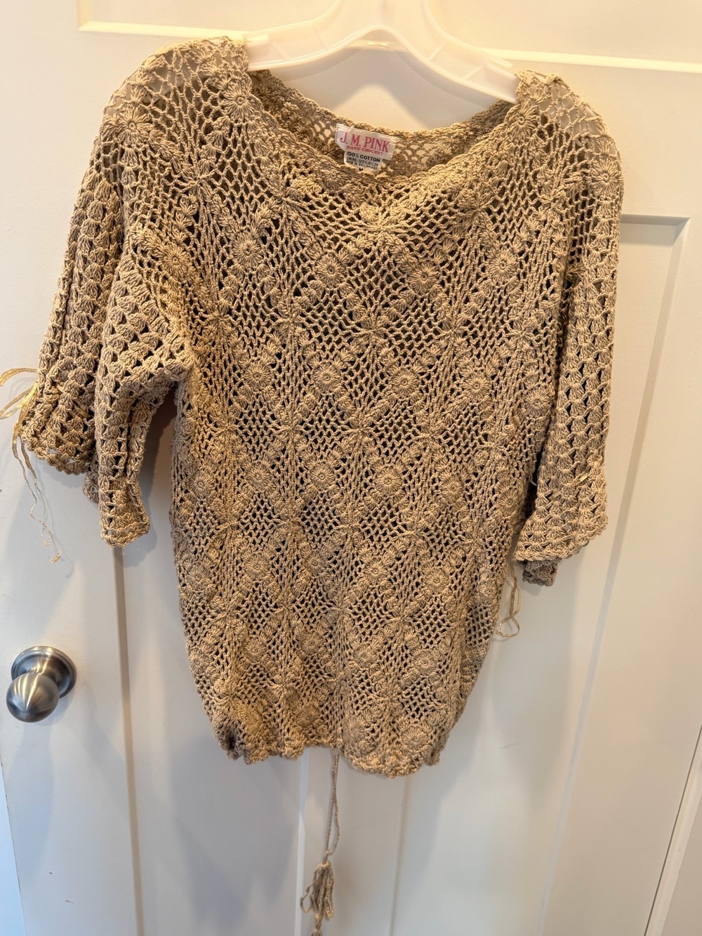 J.M. Pink Hand Crochet Boho Hooded Tunic Top Medium